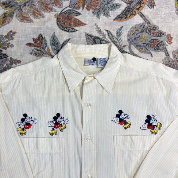 DISNEY Vintage Mickey Yellow White Stripe Long Sleeve Button Shirt Large - Picture 2 of 8